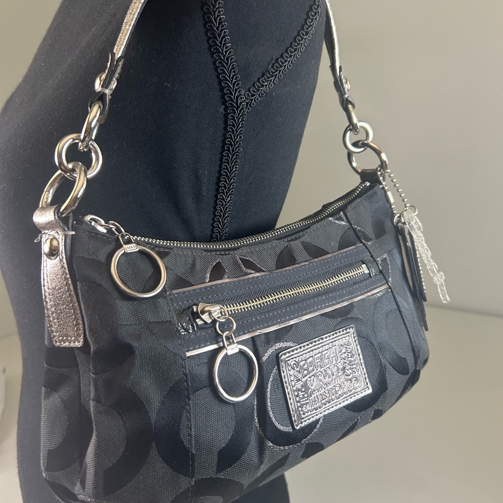 Coach Poppy Bag Black & Silver Women's Coach Purse Y2K Black Canvas "C" Logo - Picture 6 of 12
